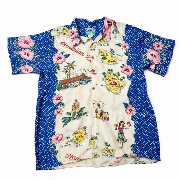 Vintage Reyn Spooner Hawaiian Shirt Map Print Aloha USA Made Rayon L - Picture 2 of 4
